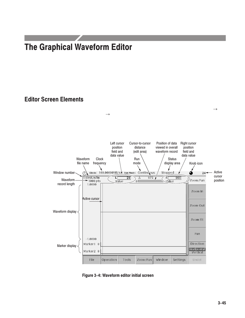 The graphical waveform editor, Editor screen elements | Tektronix AWG610 User Manual | Page 163 / 466