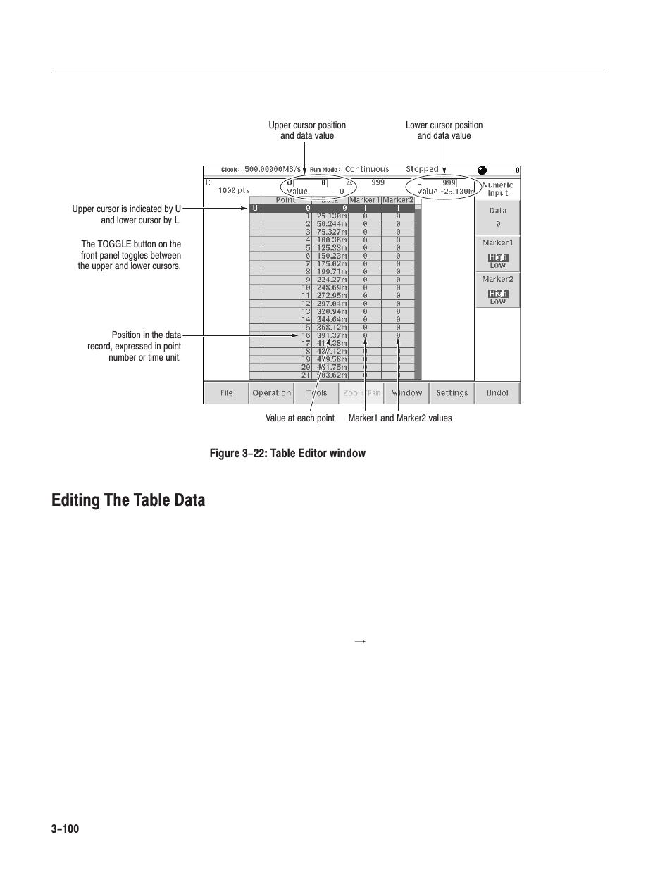 Editing the table data | Tektronix AWG610 User Manual | Page 218 / 466