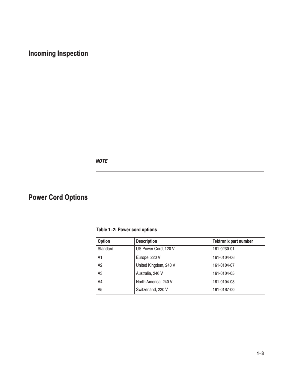 Incoming inspection, Power cord options | Tektronix AWG610 User Manual | Page 27 / 466