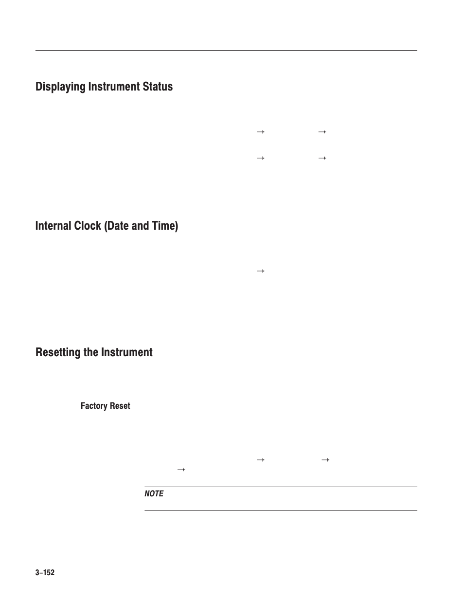 Displaying instrument status, Internal clock (date and time), Resetting the instrument | Tektronix AWG610 User Manual | Page 270 / 466