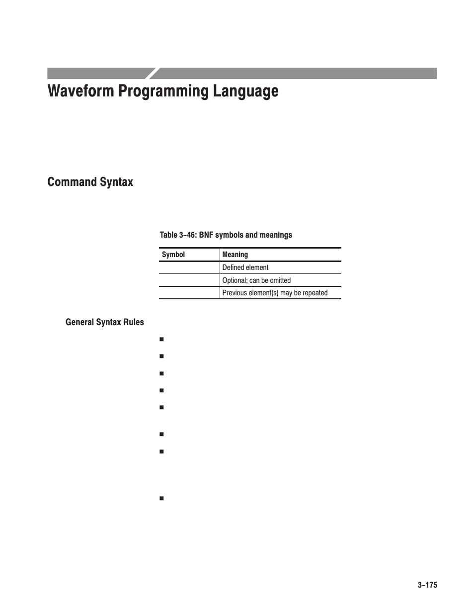Waveform programming language, Command syntax | Tektronix AWG610 User Manual | Page 293 / 466
