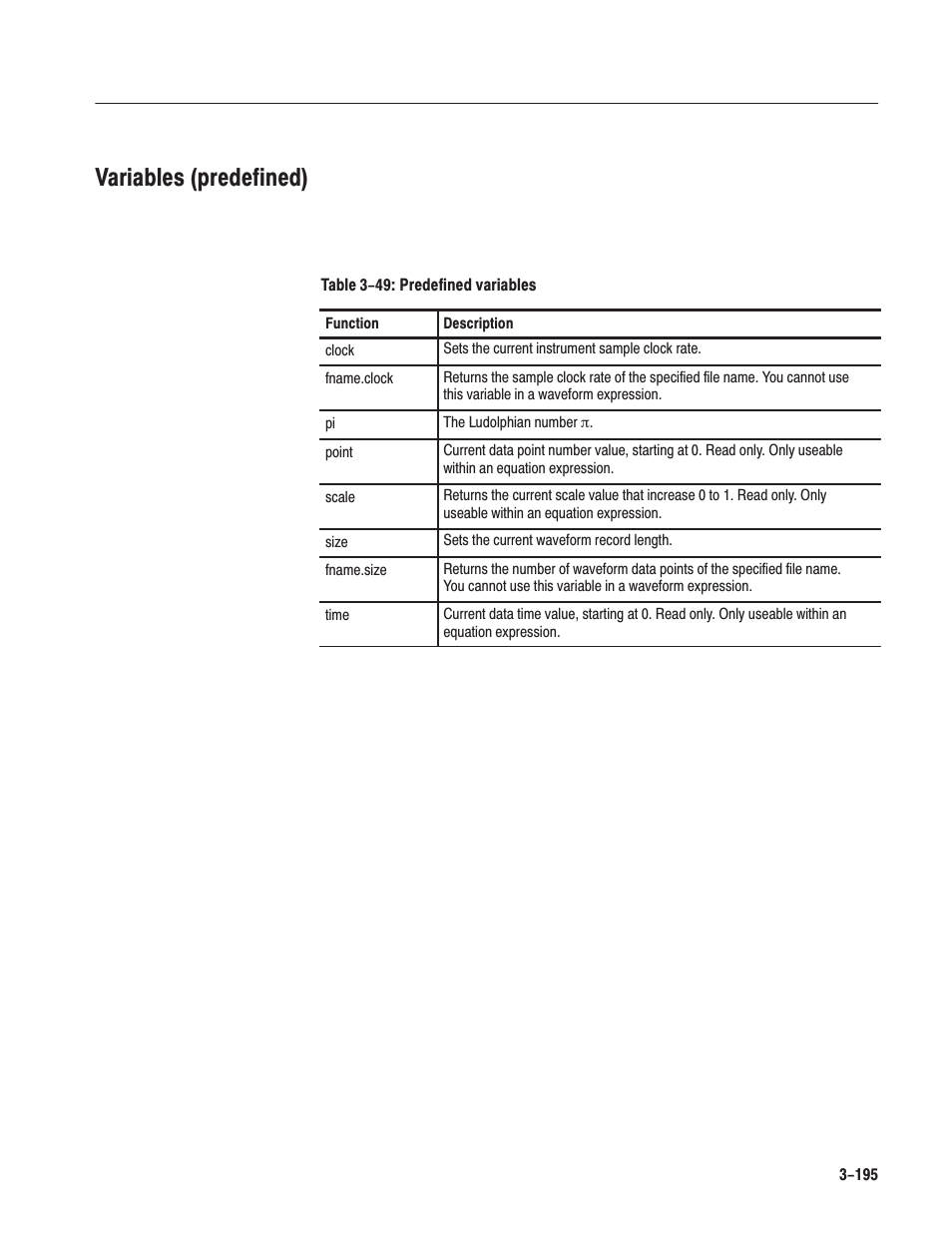 Variables (predefined) | Tektronix AWG610 User Manual | Page 313 / 466