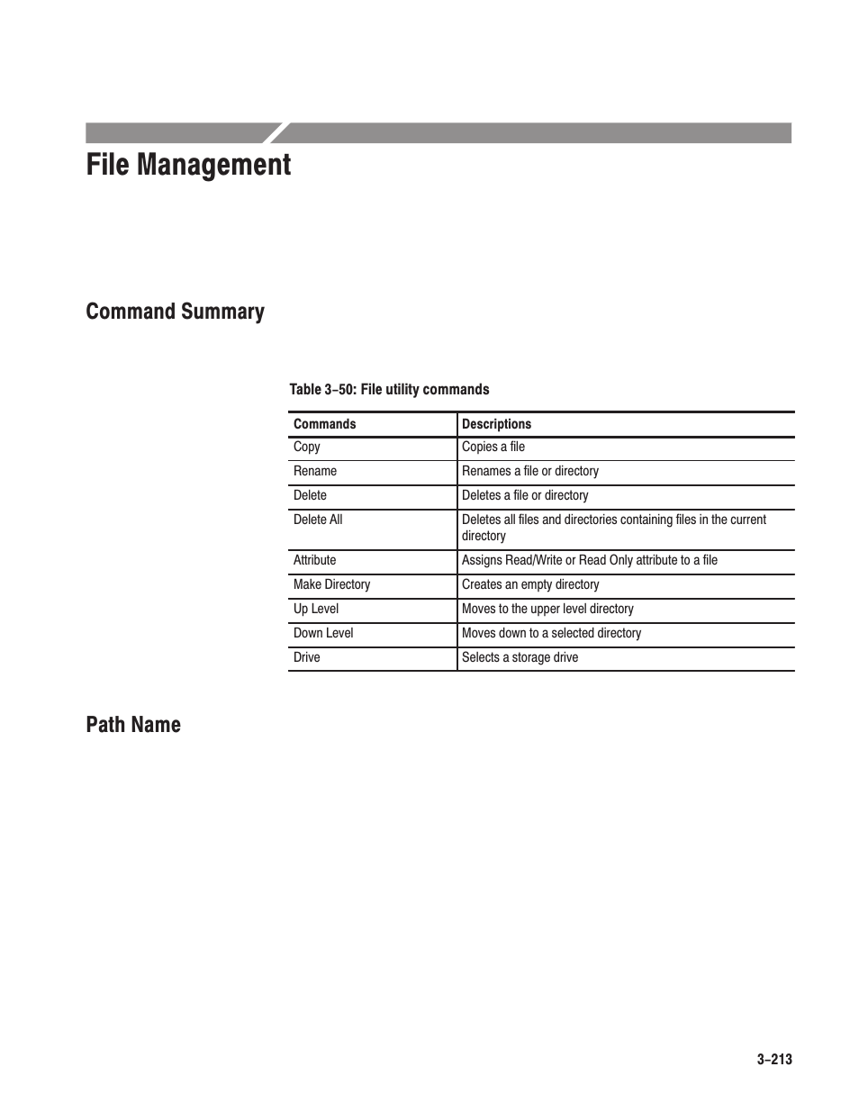 File management, Command summary, Path name | Tektronix AWG610 User Manual | Page 331 / 466