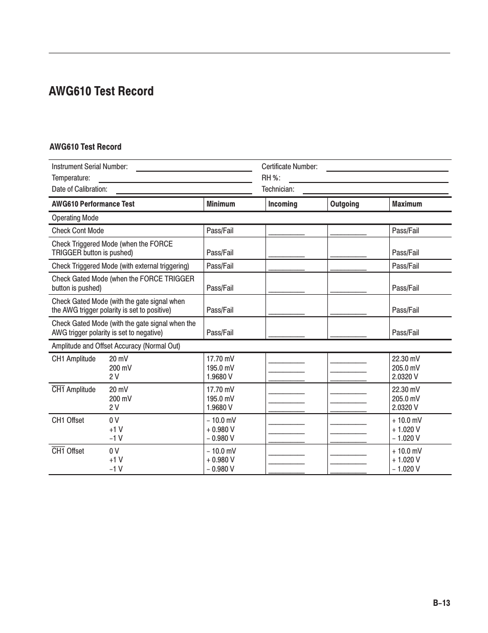 Awg610 test record | Tektronix AWG610 User Manual | Page 373 / 466