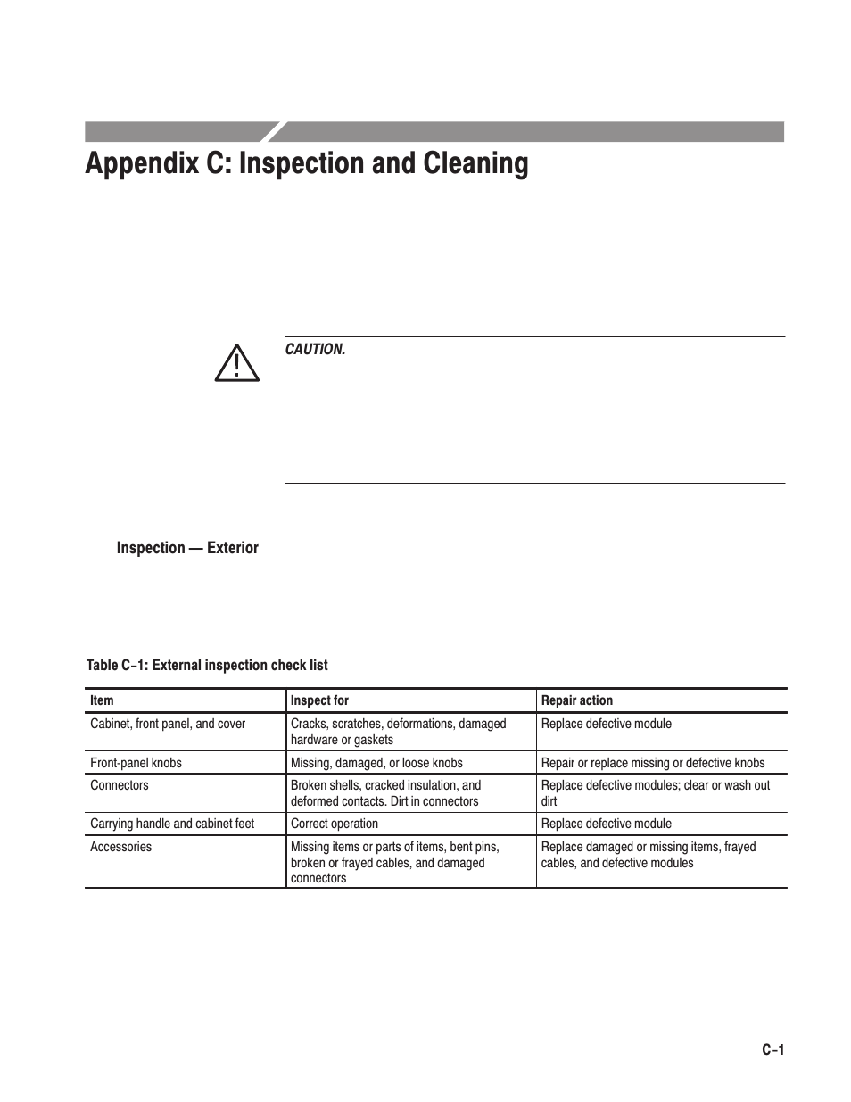 Appendix c:inspection and cleaning, Appendix c: inspection and cleaning | Tektronix AWG610 User Manual | Page 425 / 466