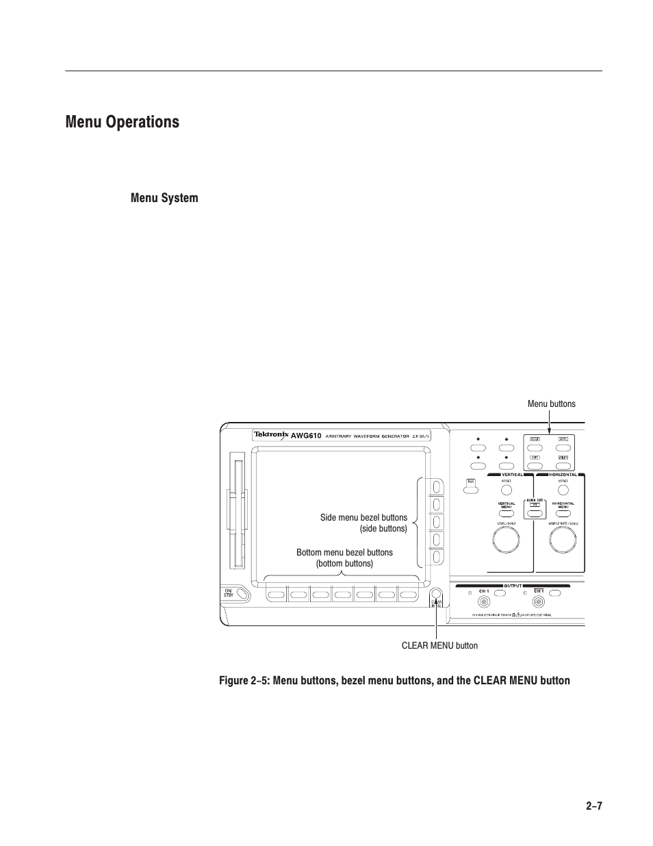 Menu operations | Tektronix AWG610 User Manual | Page 45 / 466