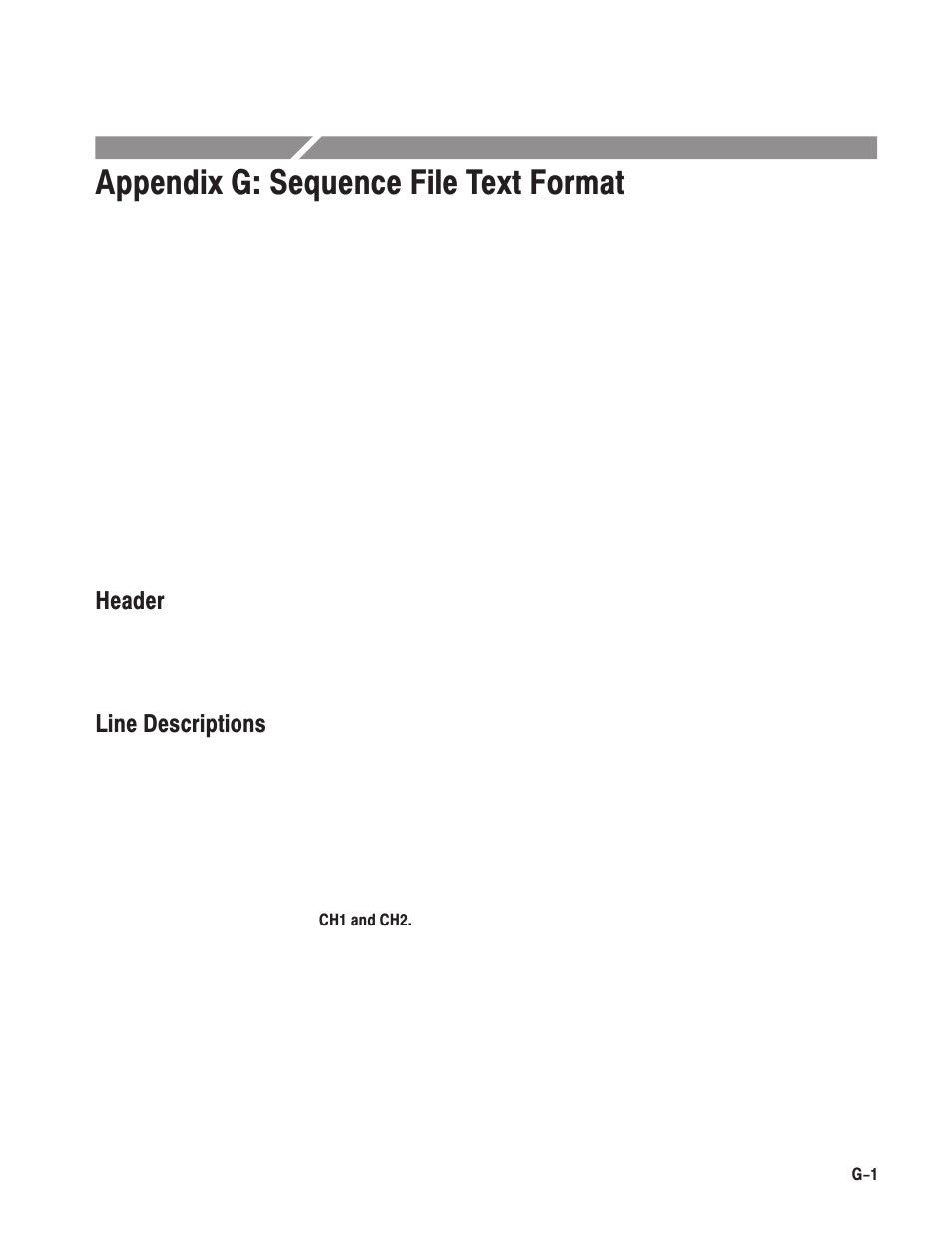 Appendix g:sequence file text format, Appendix g: sequence file text format, Header | Line descriptions | Tektronix AWG610 User Manual | Page 453 / 466