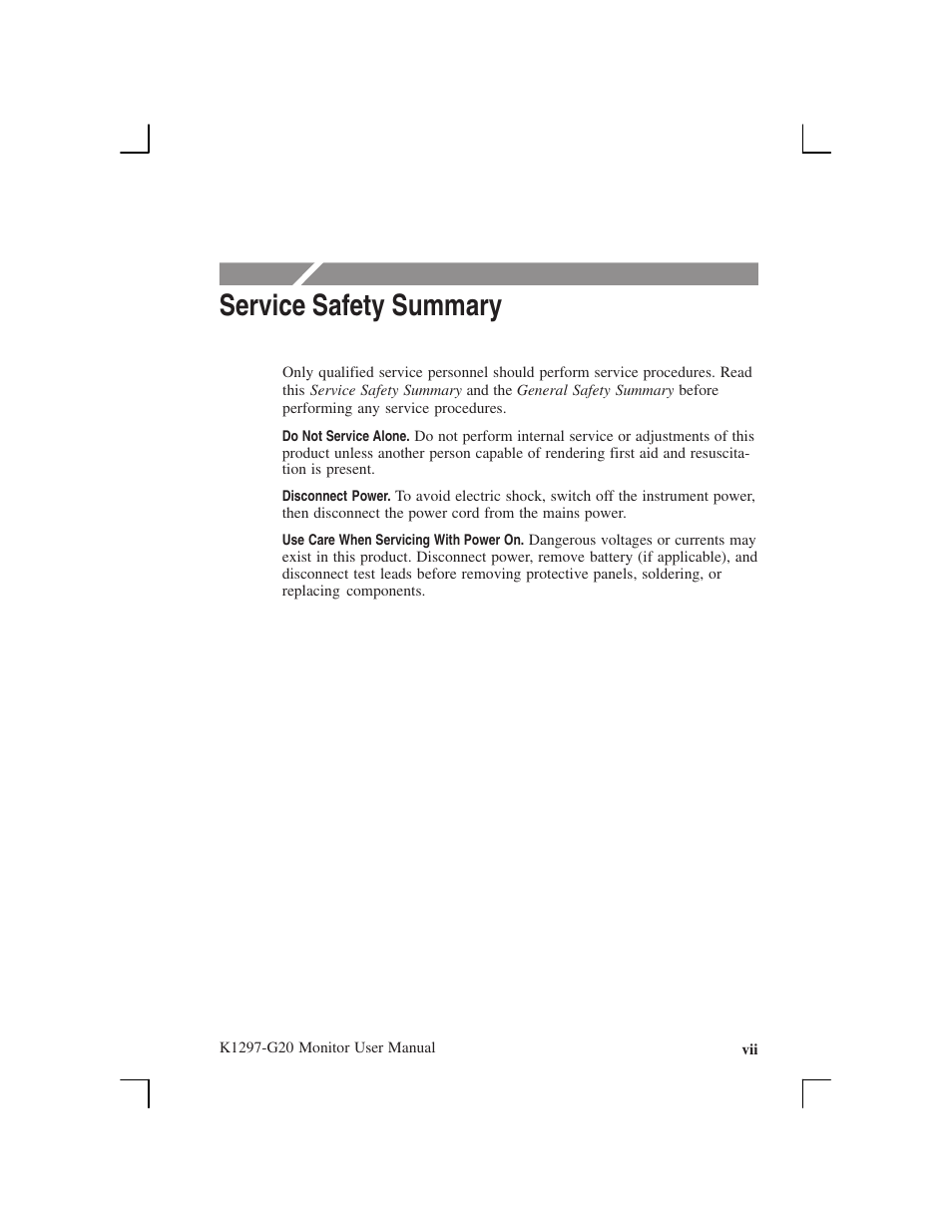 Service safety summary | Tektronix K1297-G20 User Manual | Page 11 / 198