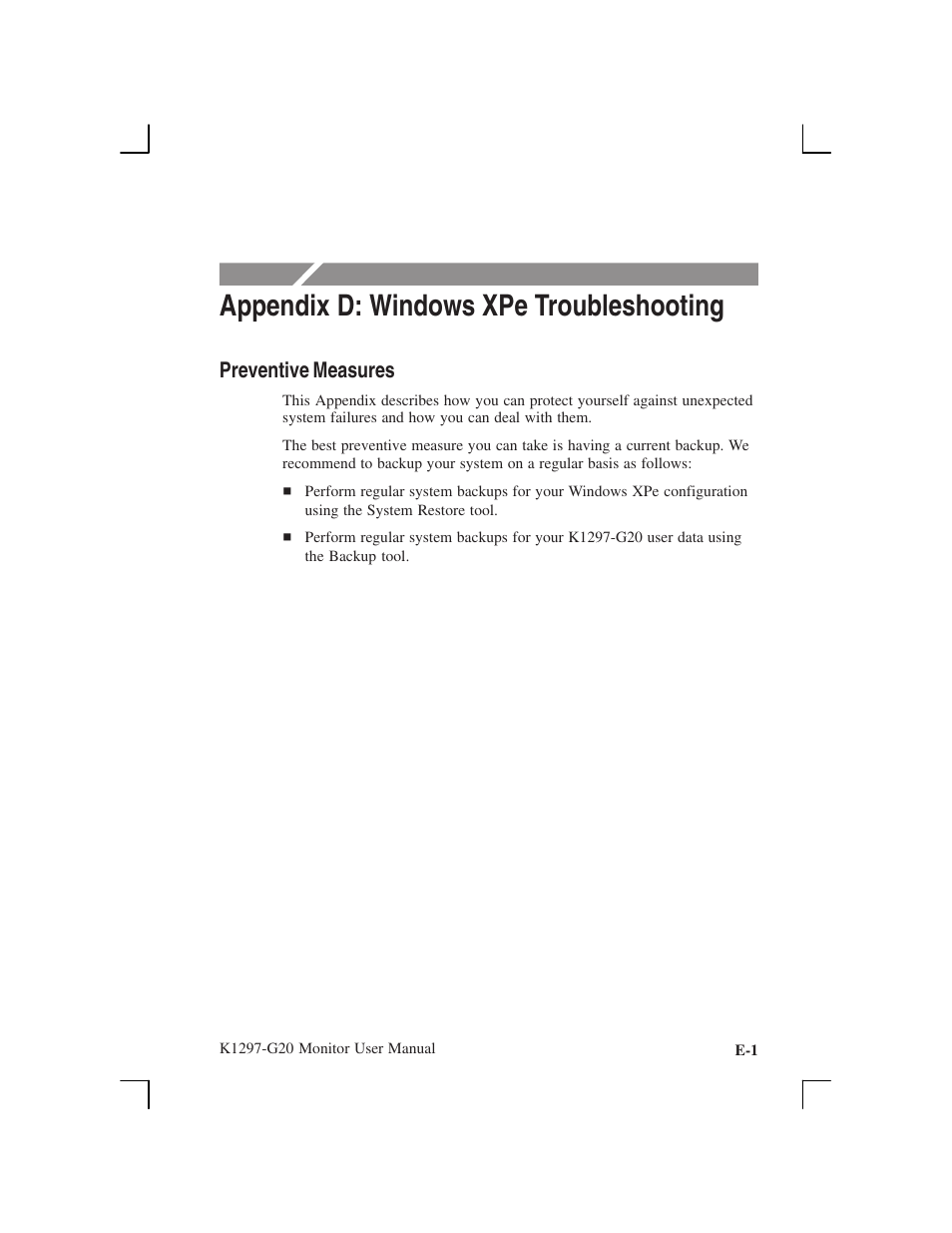 Appendix d: windows xpe troubleshooting, Preventive measures | Tektronix K1297-G20 User Manual | Page 179 / 198