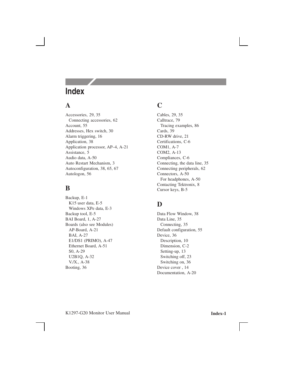 Index | Tektronix K1297-G20 User Manual | Page 195 / 198