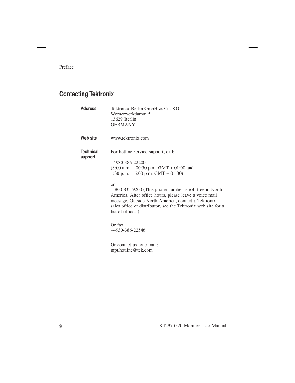 Contacting tektronix | Tektronix K1297-G20 User Manual | Page 20 / 198