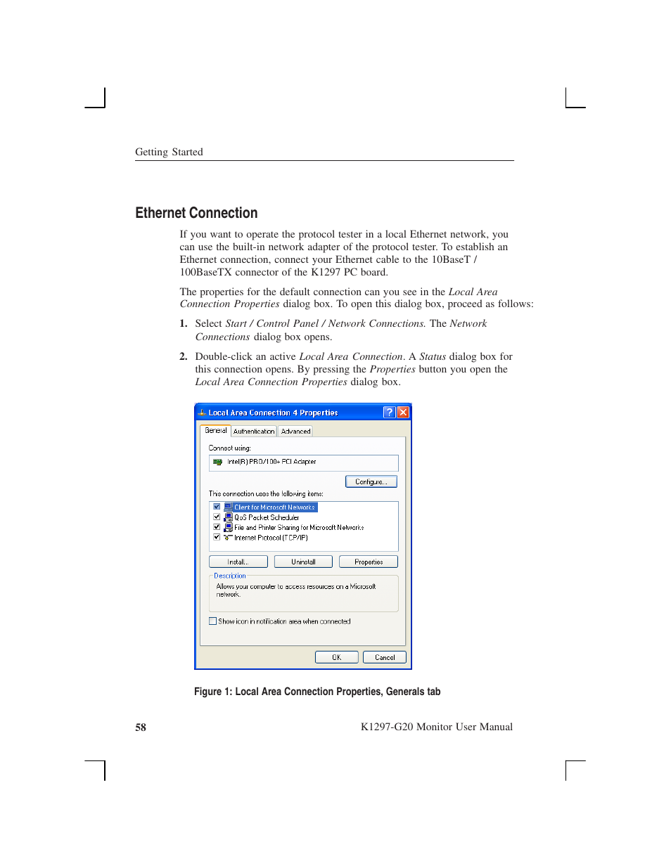 Ethernet connection | Tektronix K1297-G20 User Manual | Page 70 / 198