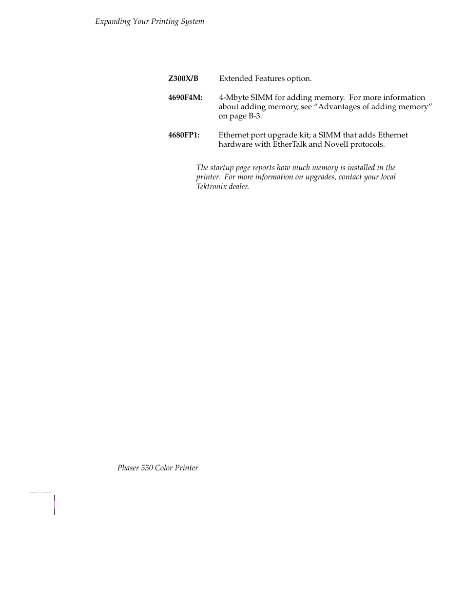 Upgrades kits, Upgrades kits b-2 | Tektronix Phaser 300X User Manual | Page 155 / 175