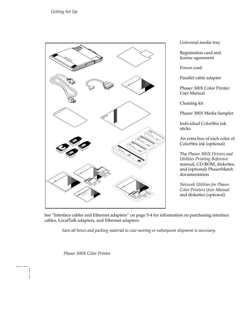 Checking the inventory, Checking the inventory 2-2, Getting set up | Phaser 300x color printer, Universal media tray, Registration card and license agreement, Power cord, Parallel cable adapter, Phaser 300x color printer user manual, Cleaning kit | Tektronix Phaser 300X User Manual | Page 16 / 175