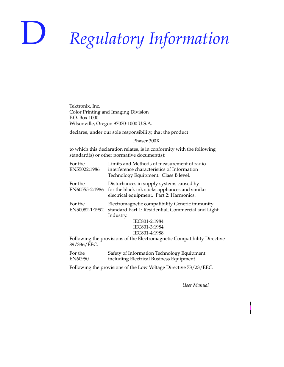 Regulatory information, Declaration of conformity, Declaration of conformity d-1 | Tektronix Phaser 300X User Manual | Page 166 / 175