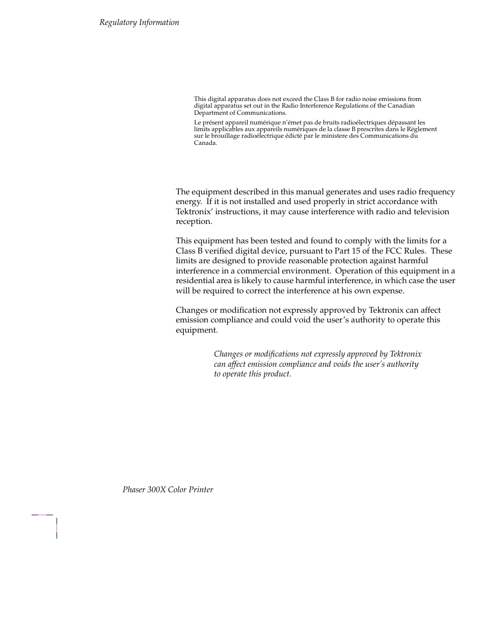 Canadian emc (electromagnetic compatibility) regul, Fcc class b warning (for 115 vac equipment) | Tektronix Phaser 300X User Manual | Page 167 / 175