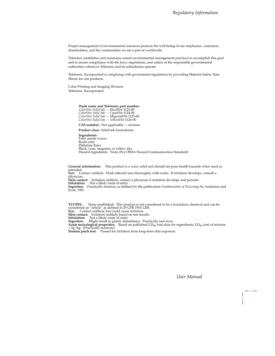 Material safety data sheets, Section i — product identification, Section ii — emergency and first aid | Section iii toxicology and health information, Material safety data sheets d-3, Regulatory information, User manual | Tektronix Phaser 300X User Manual | Page 168 / 175