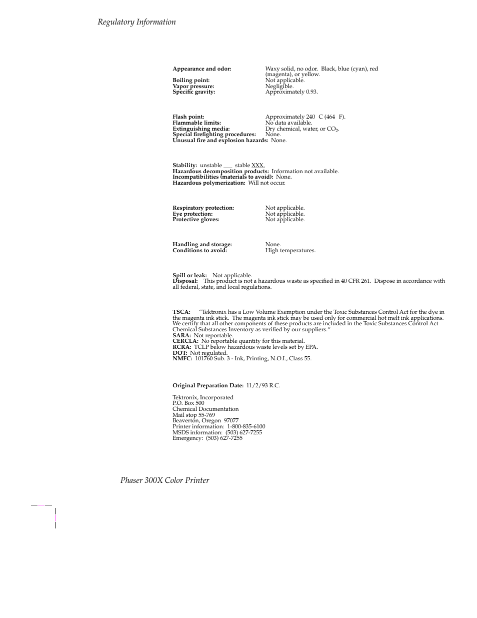 Section iv — physical data, Section v — fire and explosion data, Section vi — reactivity data | Section vii — special protection information, Section viii — special precautions, Section ix — spill, leak, and disposal procedures, Section x — other regulatory information, Regulatory information, Phaser 300x color printer | Tektronix Phaser 300X User Manual | Page 169 / 175