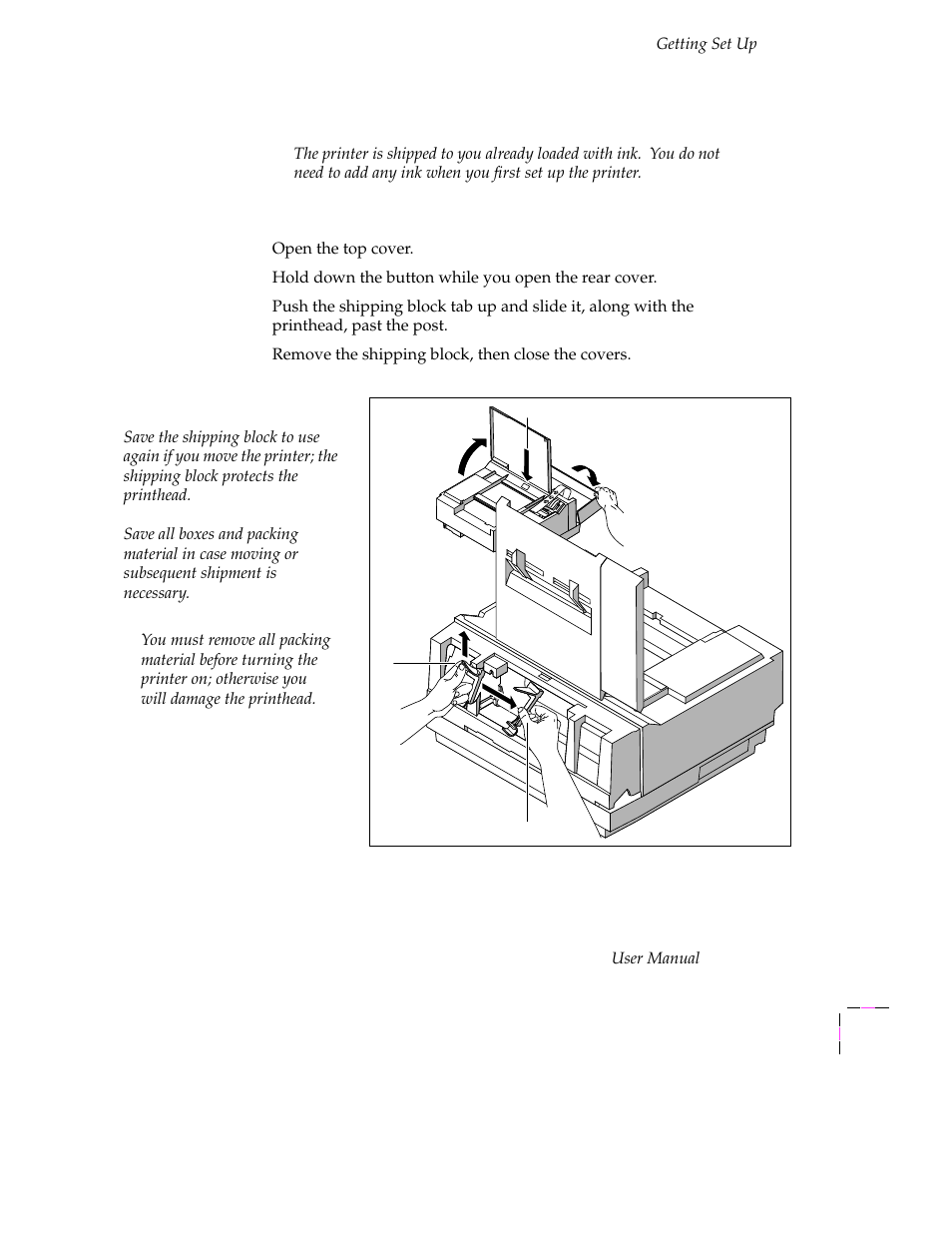 Setting up the printer, Removing the shipping block, Setting up the printer 2-3 | Removing the shipping block 2-3 | Tektronix Phaser 300X User Manual | Page 17 / 175