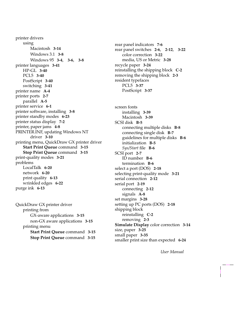 Printer drivers, Using, Macintosh3-14 | Windows 3.13-8, Windows 953-4,3-6,3-8, Printer languages3-41, Hp-gl3-40, Pcl53-40, Postscript3-40, Switching3-41 | Tektronix Phaser 300X User Manual | Page 174 / 175
