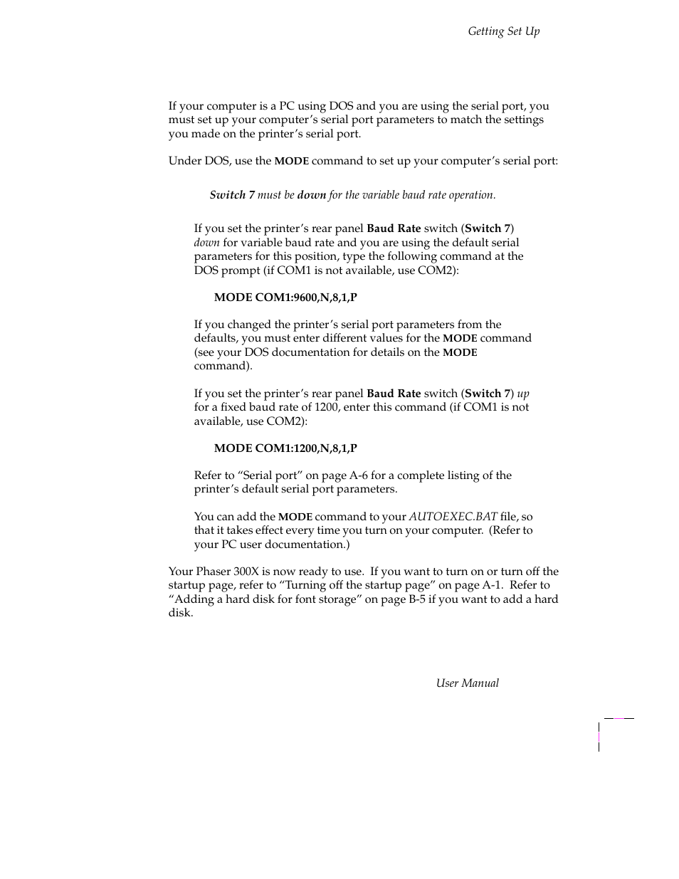 Serial port setup, Serial port setup 2-19 | Tektronix Phaser 300X User Manual | Page 33 / 175