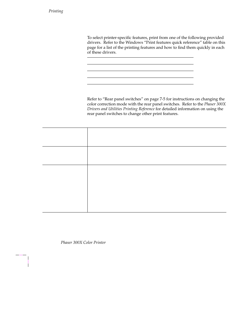 Using windows printer drivers, Using the printer’s rear panel switches, Printing | Phaser 300x color printer | Tektronix Phaser 300X User Manual | Page 35 / 175