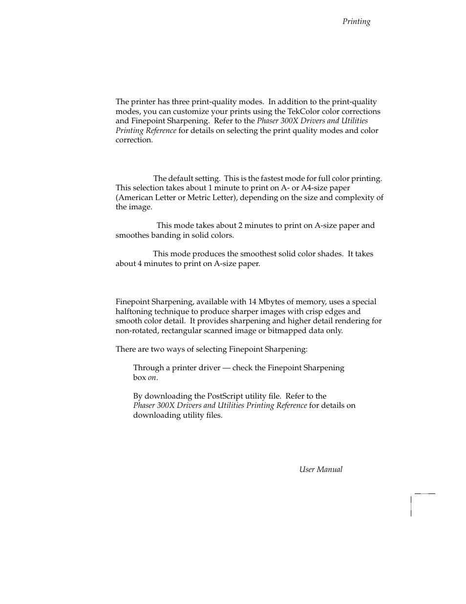 Selecting print features, Print modes, Print-quality modes | Finepoint sharpening, Selecting print features 3-21, Print modes 3-21, Print-quality modes 3-21 finepoint sharpening 3-21 | Tektronix Phaser 300X User Manual | Page 54 / 175