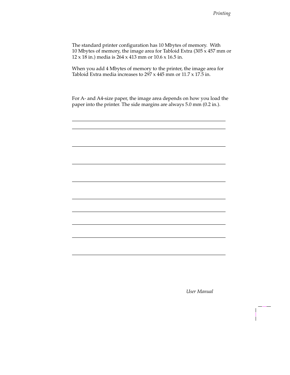 Image area for tabloid extra, Image area for color prints | Tektronix Phaser 300X User Manual | Page 62 / 175