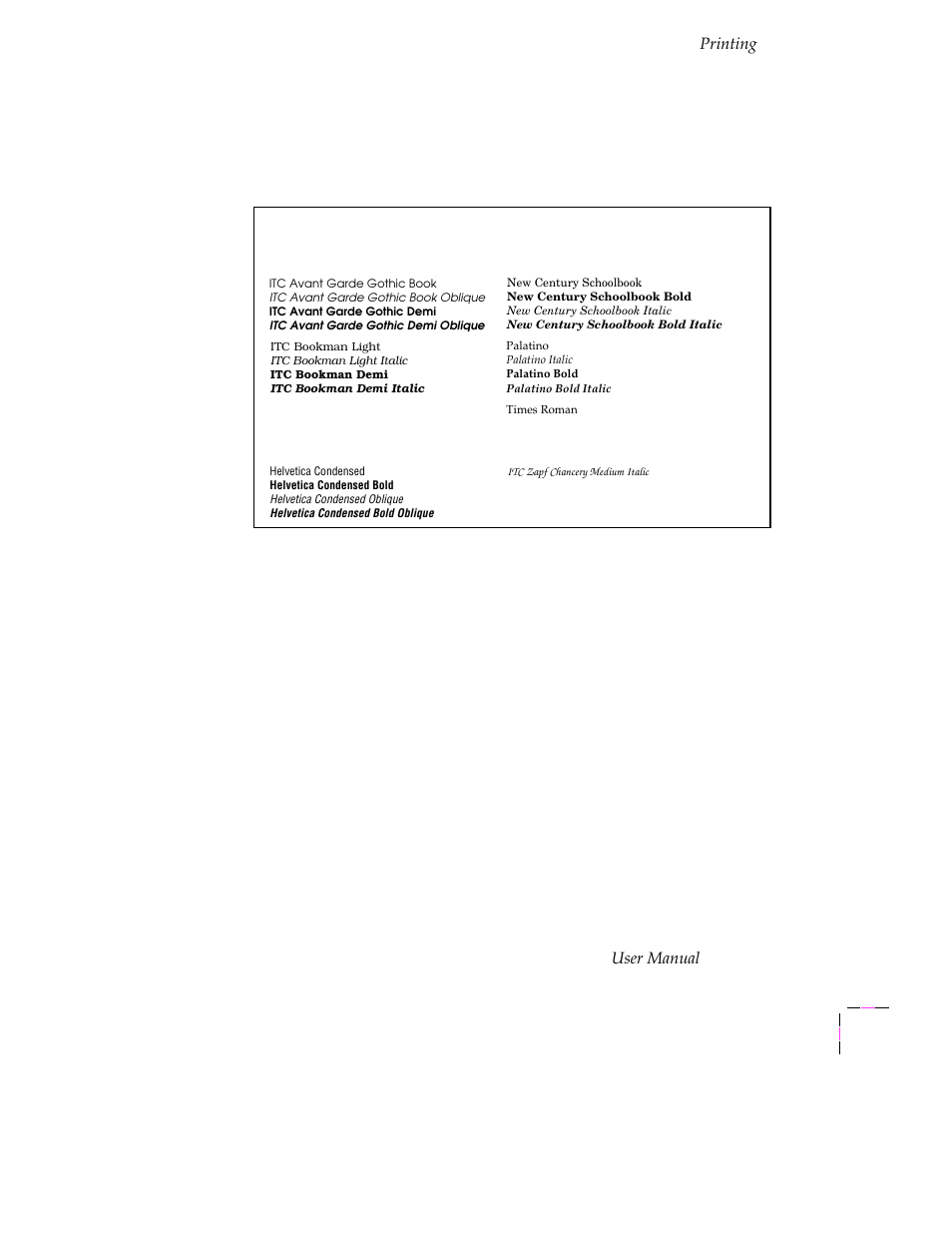 Fonts, Resident typefaces (postscript), Fonts 3-37 | Resident typefaces (postscript) 3-37 | Tektronix Phaser 300X User Manual | Page 70 / 175