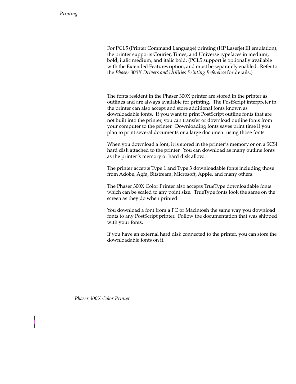 Resident typefaces (pcl5), Downloading macintosh and truetype fonts | Tektronix Phaser 300X User Manual | Page 71 / 175