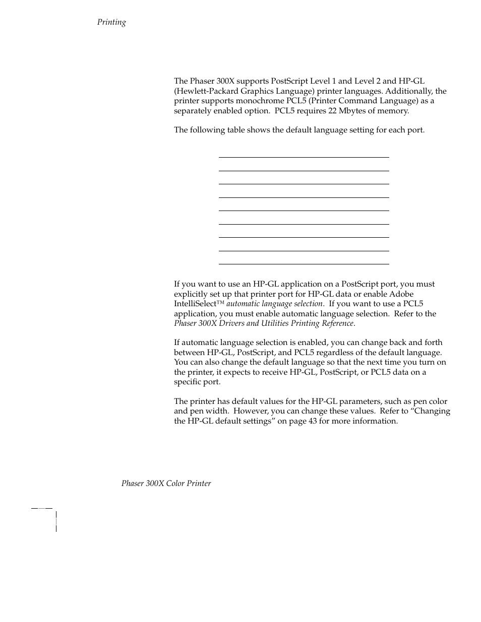 Printer languages: postscript, hp-gl, pcl5, Printer languages: postscript, hp-gl, pcl5 3-40 | Tektronix Phaser 300X User Manual | Page 73 / 175