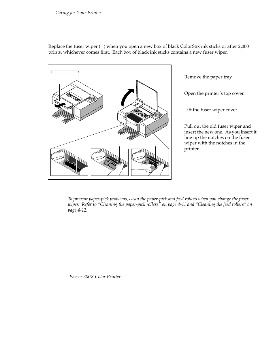 Changing the fuser wiper, Changing the fuser wiper 4-4 | Tektronix Phaser 300X User Manual | Page 80 / 175