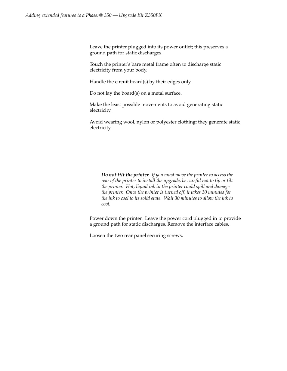 Static electricity precautions, Upgrading the printer | Tektronix Phaser Z350FX User Manual | Page 2 / 6