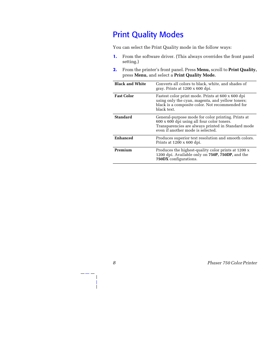 Print quality modes, Print quality modes 8 | Tektronix 750 User Manual | Page 19 / 74