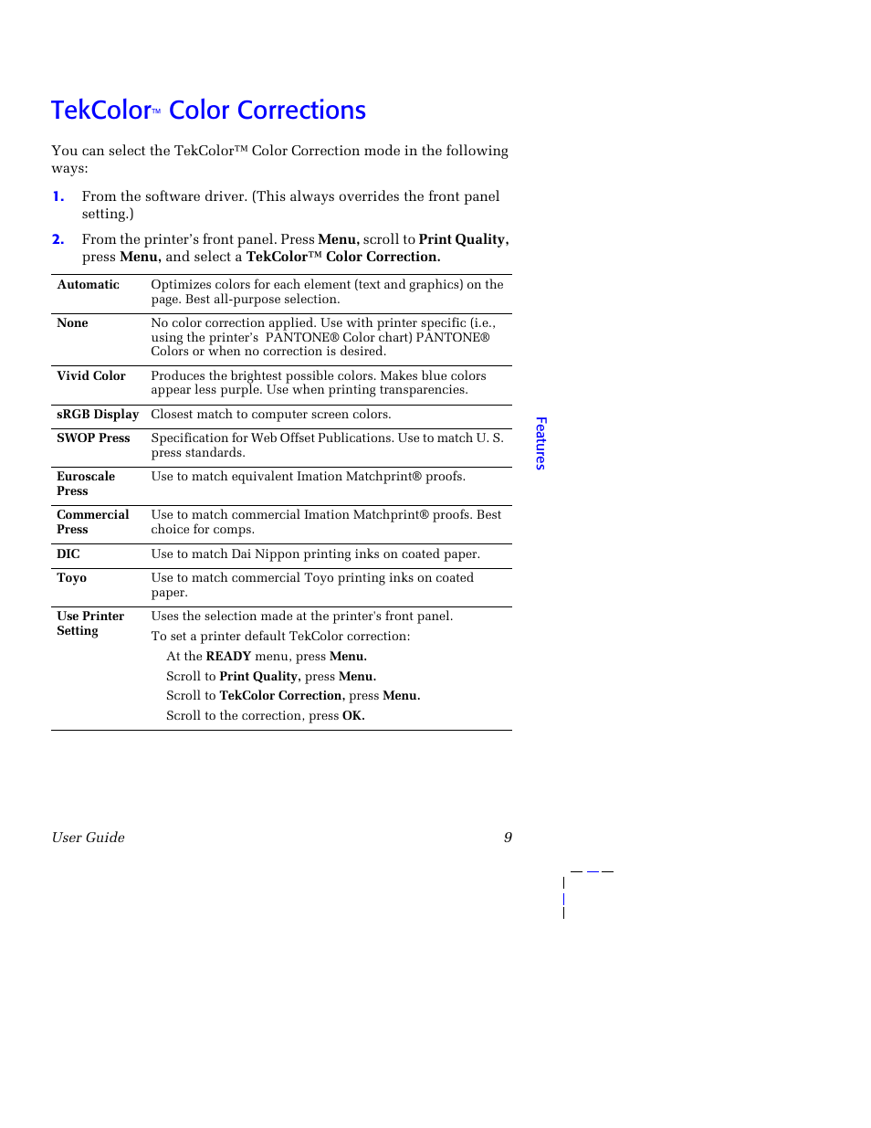 Tekcolor™ color corrections, Tekcolor™ color corrections 9, Tekcolor | Color corrections | Tektronix 750 User Manual | Page 20 / 74
