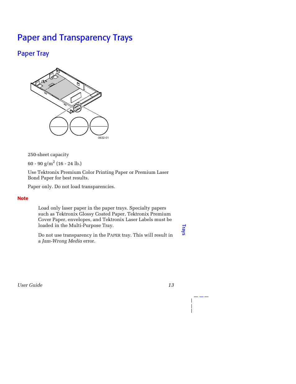 Paper and transparency trays, Paper tray, Paper and transparency trays 13 | Tektronix 750 User Manual | Page 24 / 74