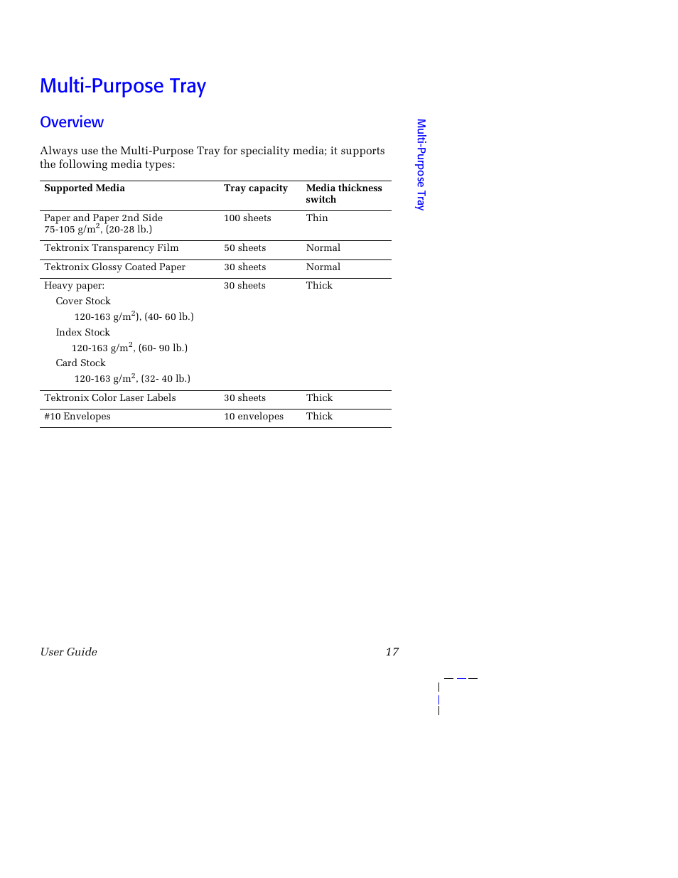 Multi-purpose tray, Overview, Multi-purpose tray 17 | Tektronix 750 User Manual | Page 28 / 74