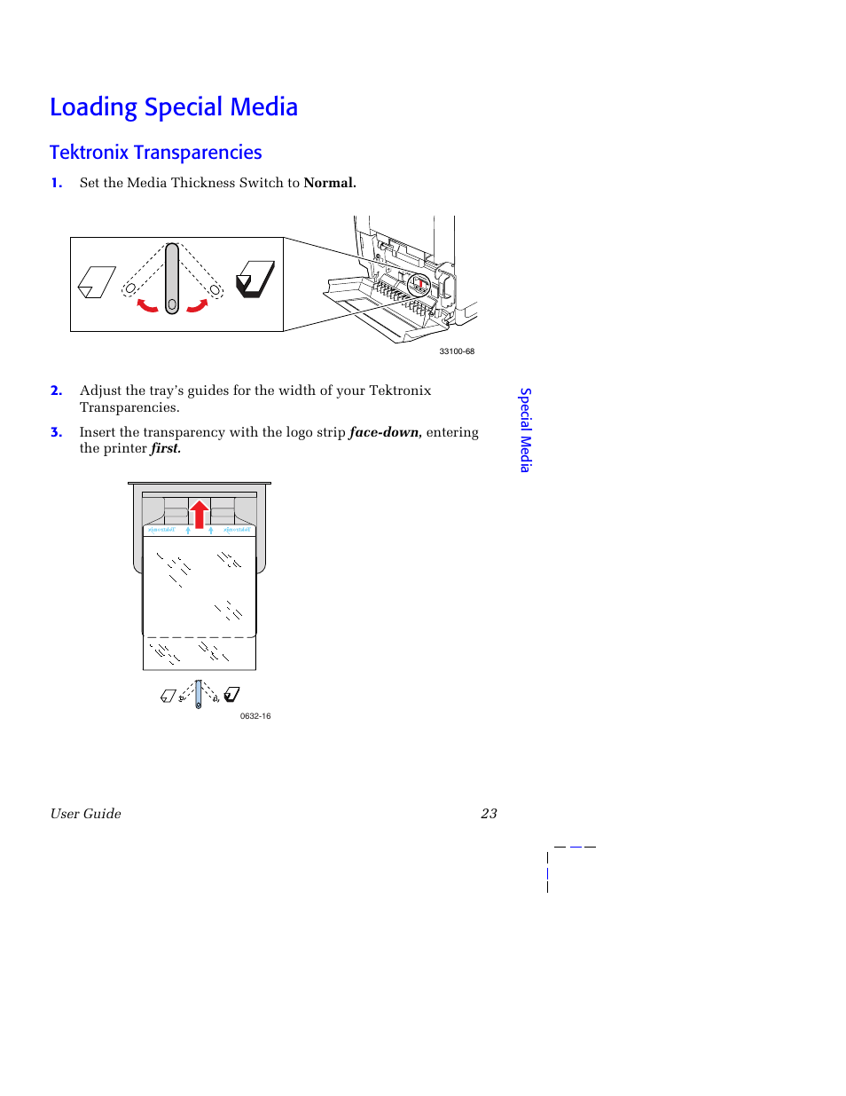 Loading special media, Tektronix transparencies, Loading special media 23 | Tektronix 750 User Manual | Page 34 / 74