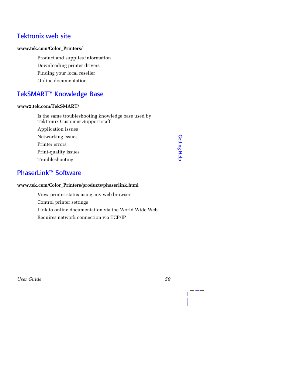 Tektronix web site, Teksmart™ knowledge base, Phaserlink™ software | Tektronix 750 User Manual | Page 70 / 74