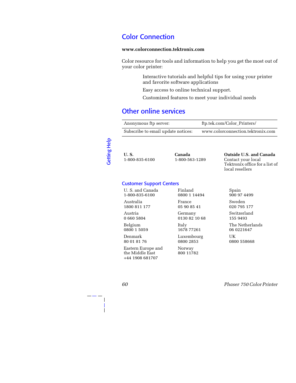 Color connection, Other online services | Tektronix 750 User Manual | Page 71 / 74