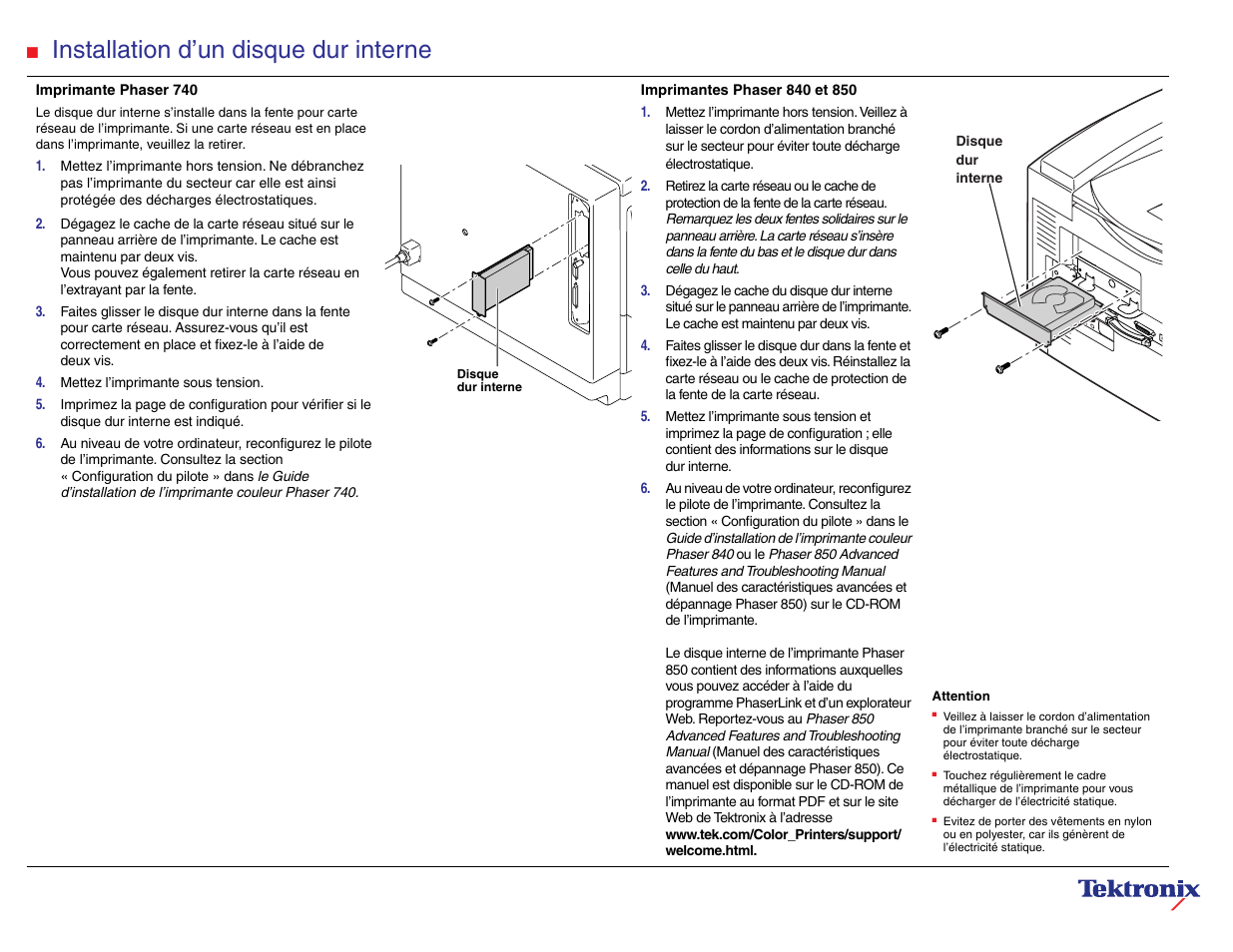 Installation d’un disque dur interne | Tektronix Phaser 740 User Manual | Page 2 / 8