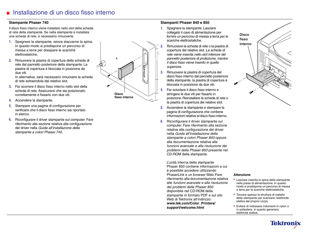 Installazione di un disco fisso interno | Tektronix Phaser 740 User Manual | Page 3 / 8