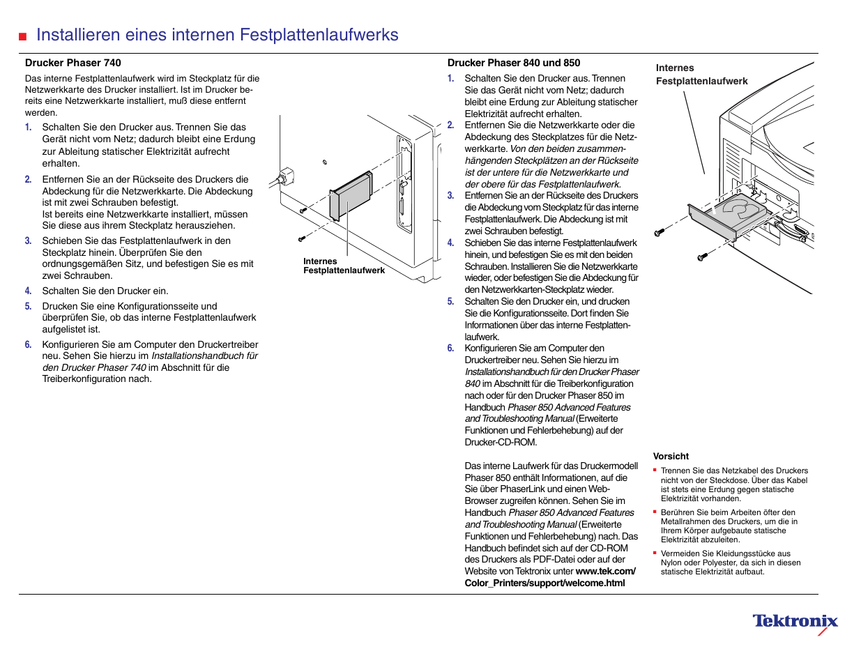 Installieren eines internen festplattenlaufwerks | Tektronix Phaser 740 User Manual | Page 4 / 8