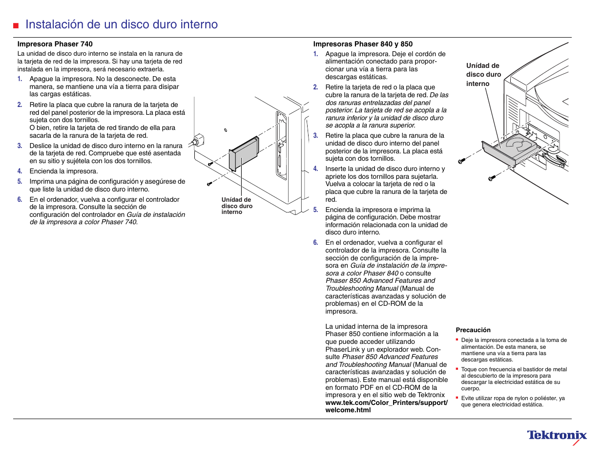 Instalación de un disco duro interno | Tektronix Phaser 740 User Manual | Page 5 / 8