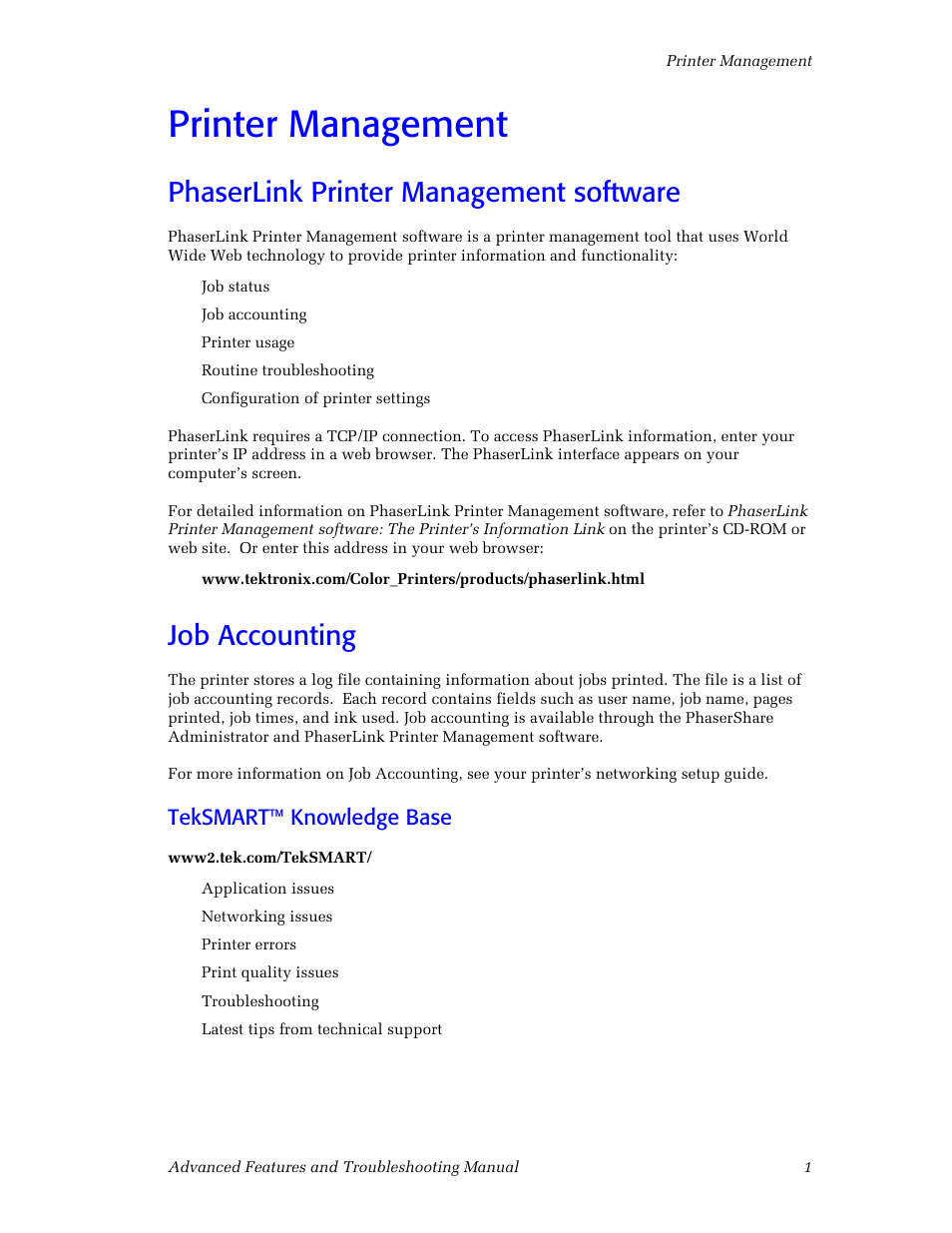 Printer management, Phaserlink printer management software, Job accounting | Teksmart™ knowledge base, Printer management 1, Phaserlink printer management software 1, Job accounting 1 | Tektronix Phaser Color Printer 750 User Manual | Page 10 / 118