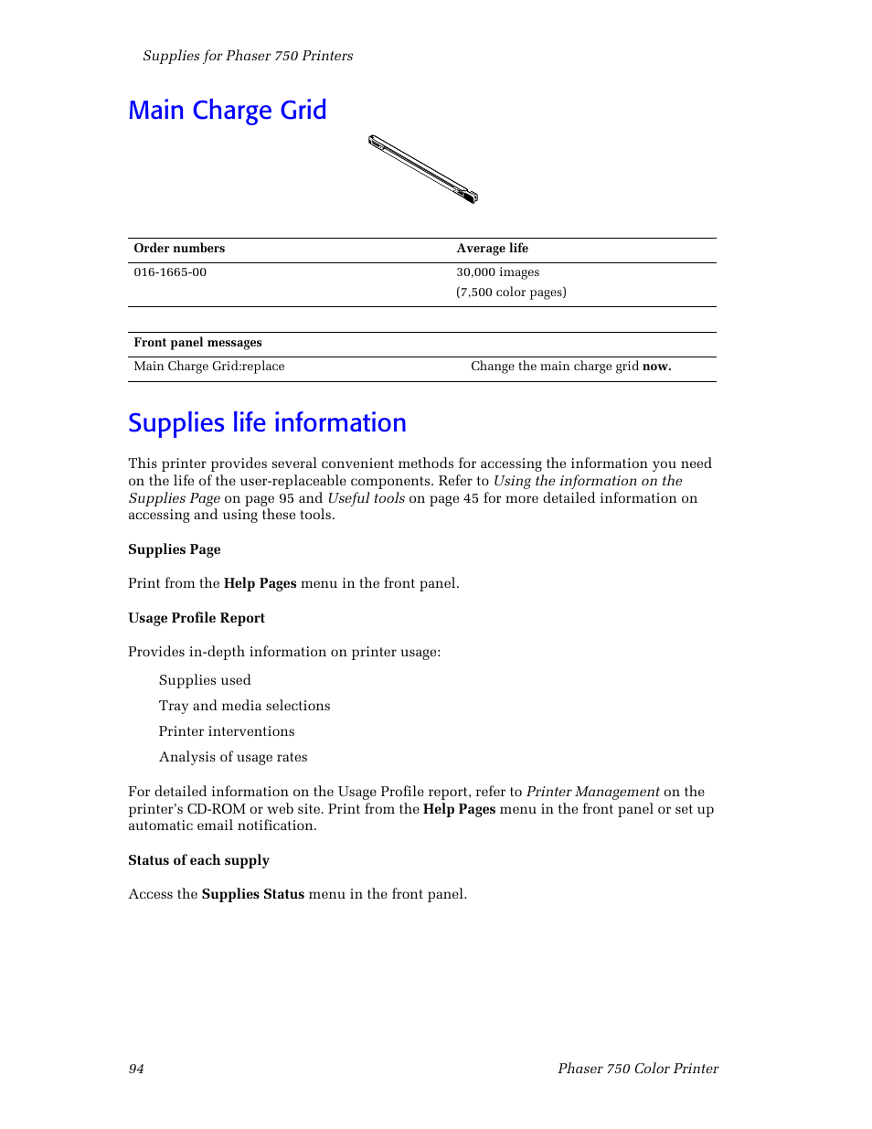 Main charge grid, Supplies life information, Main charge grid 94 | Supplies life information 94 | Tektronix Phaser Color Printer 750 User Manual | Page 103 / 118