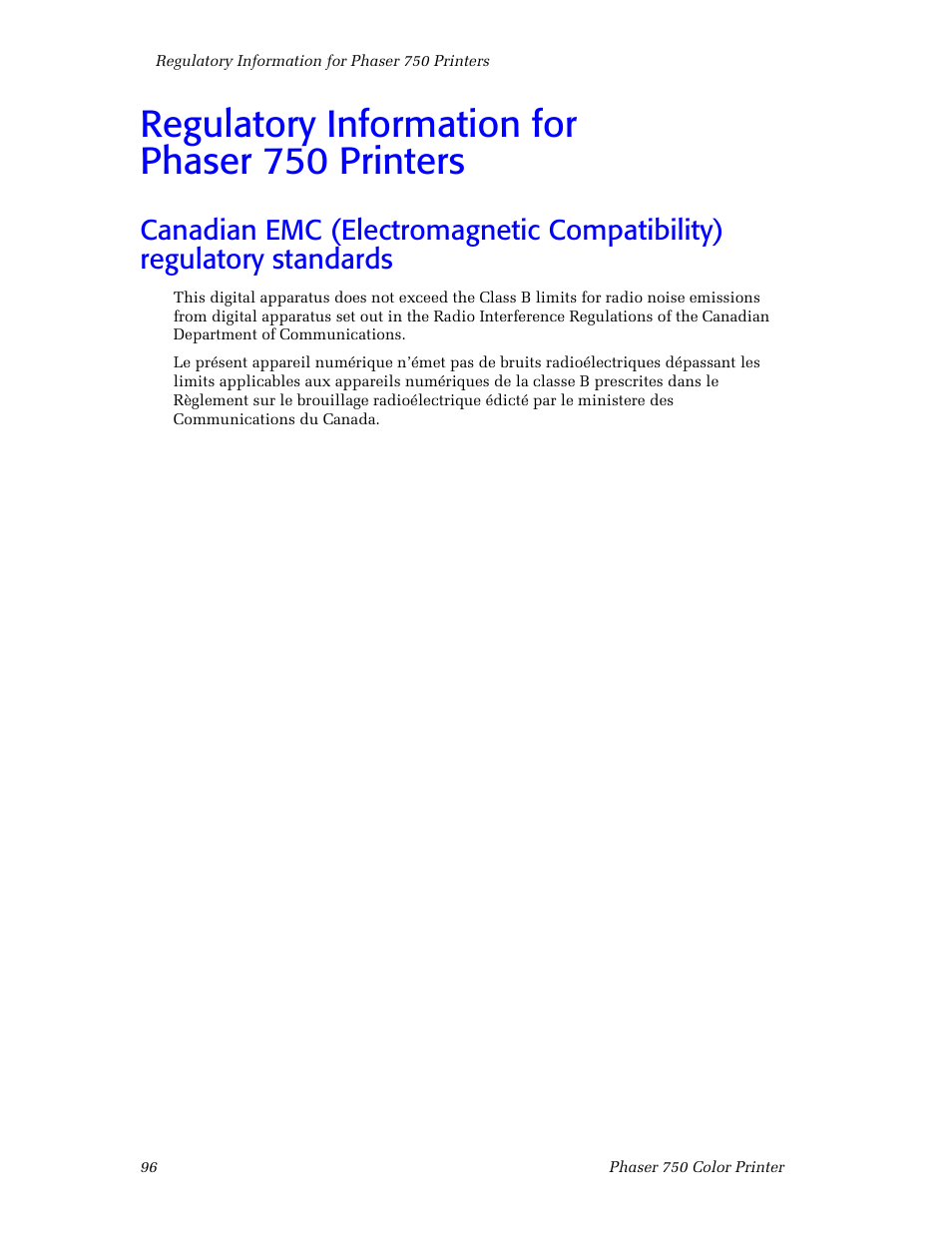 Regulatory information for phaser750printers, Regulatory information for phaser 750 printers 96, Regulatory information for phaser 750 printers | Tektronix Phaser Color Printer 750 User Manual | Page 105 / 118