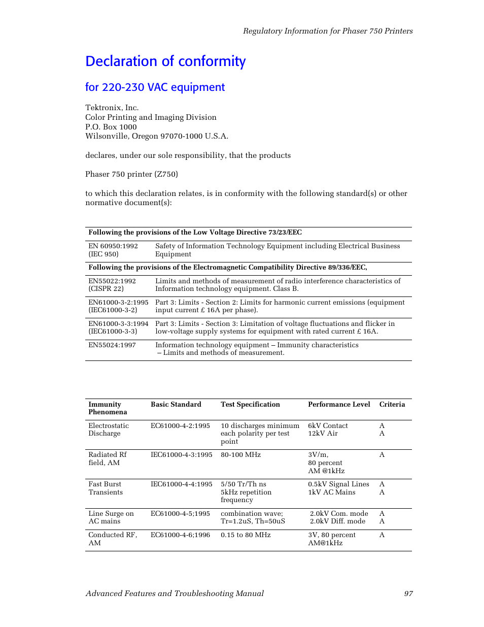 Declaration of conformity, For 220-230 vac equipment, Declaration of conformity 97 | Tektronix Phaser Color Printer 750 User Manual | Page 106 / 118