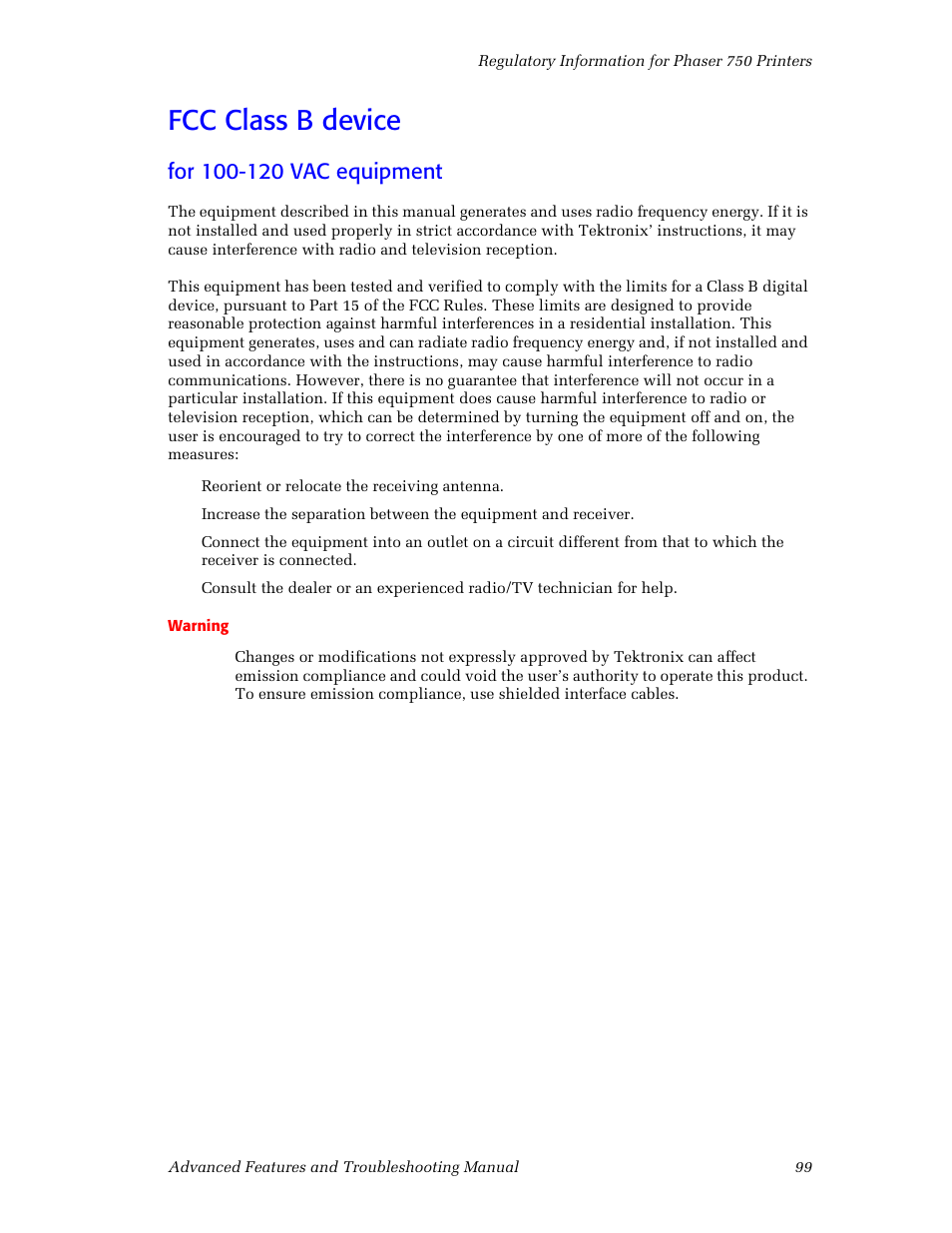 Fcc class b device, For 100-120 vac equipment, Fcc class b device 99 | Tektronix Phaser Color Printer 750 User Manual | Page 108 / 118