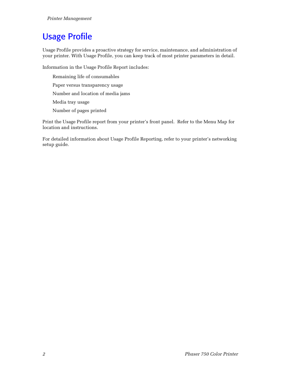 Usage profile, Usage profile 2 | Tektronix Phaser Color Printer 750 User Manual | Page 11 / 118